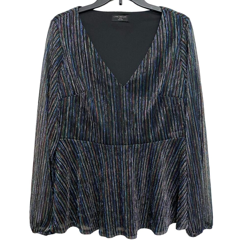 Lane Bryant Women's Sz 14-16 Metallic Multicolor Stripe Peplum V-Neck Top Blouse